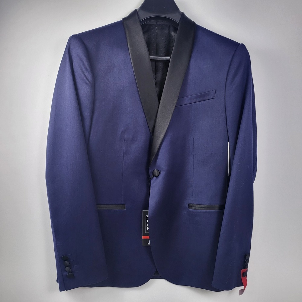 JF J Ferrar Mens Blue Navy Shine Blazer Slim fit 38R Evening Edition Black Lapel